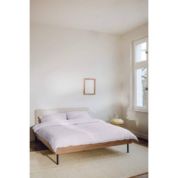 Pat matrimonial în culoare naturală închisă tapițat/din  placă aglomerată de lemn cu aspect de lemn de nuc cu somieră 200x200 cm Streiko – noo.ma-image-1