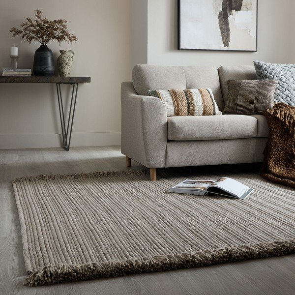Covor gri țesut manual din amestesc de lână 200x290 cm Rene Fringed Ribbed – Flair Rugs-image-1