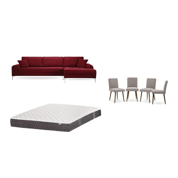 Set canapea roșie cu șezlong pe partea dreaptă, 4 scaune taupe și saltea 160 x 200 cm Home Essentials