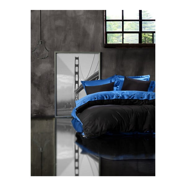 Lenjerie cu cearșaf din bumbac ranforce pentru pat dublu Blue Black, 200 x 220 cm