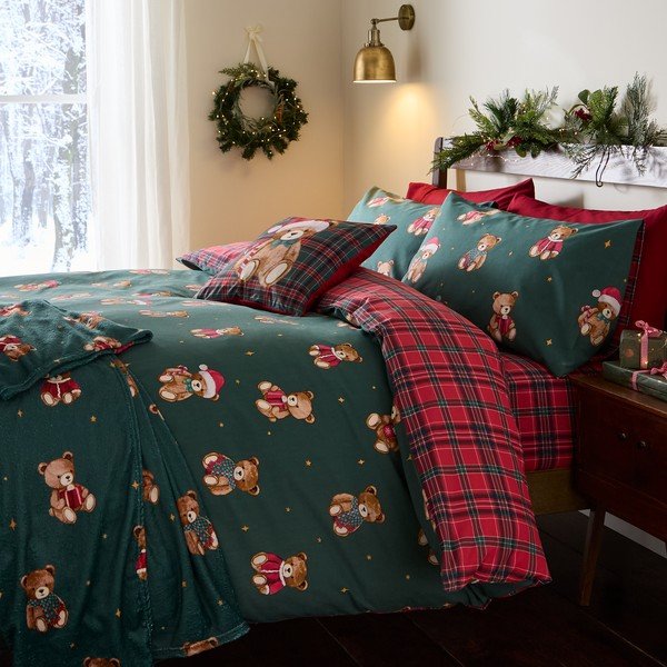 Lenjerie de pat roșie/verde-închis pentru pat de o persoană 150x120 cm Christmas Tartan Teddy Bear – Catherine Lansfield-image-4