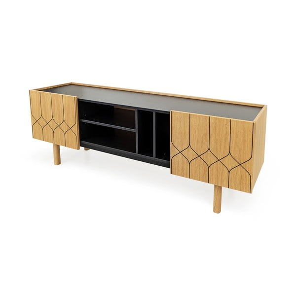 Masă TV neagră/în culoare naturală cu aspect de lemn de stejar 175x60 cm Porto – Woodman-image-2