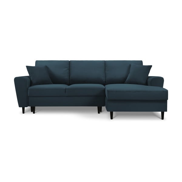 Colțar albastru închis extensibil, cu spațiu de depozitare cu tapițerie din catifea reiată  (cu colț pe partea dreaptă, cu șezlong) Kyoto – Cosmopolitan Design