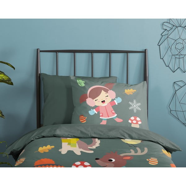 Lenjerie de pat pentru copii verde-închis din bumbac pentru pat de o persoană, extinsă 140x220 cm Fun – Good Morning-image-2