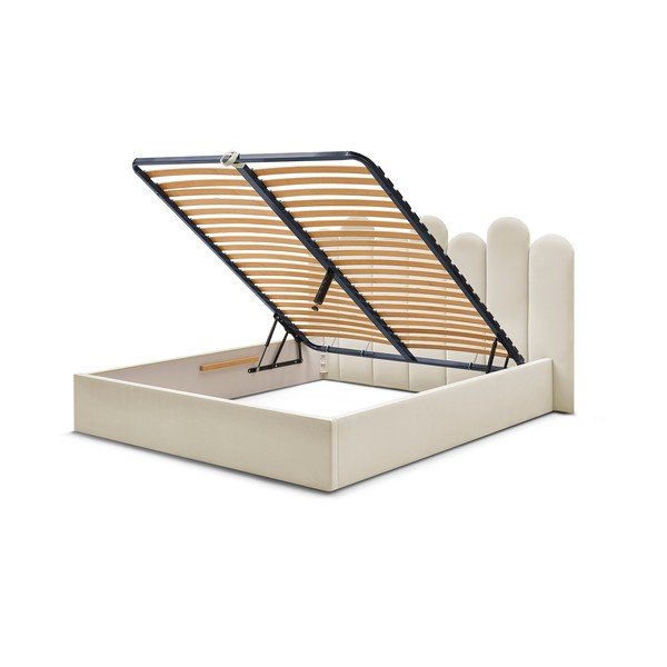 Pat matrimonial bej tapițat cu spațiu de depozitare cu somieră 160x200 cm Badja – Bobochic Paris-image-4