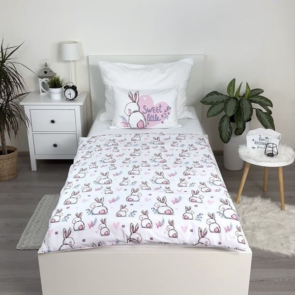 Lenjerie de pat pentru copii albă-roz din bumbac pentru pătuț 100x135 cm Bunny "Sweet" – Jerry Fabrics-image-1