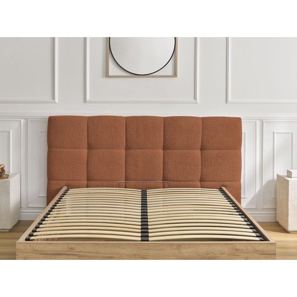 Pat matrimonial teracotă tapițat/din  placă aglomerată de lemn tapițat cu spațiu de depozitare cu somieră 160x200 cm Kumo – Bobochic Paris-image-4