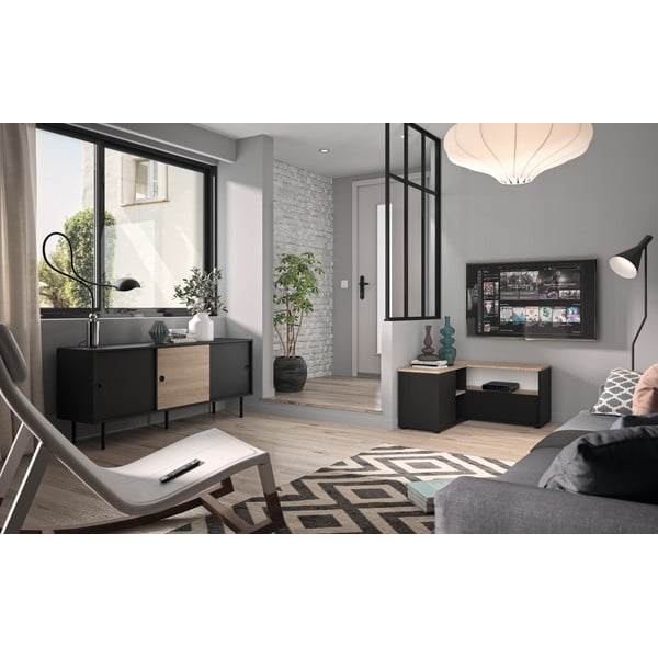 Comodă TV negru-natural  cu aspect de lemn de stejar 90x45 cm Angle – TemaHome-image-1
