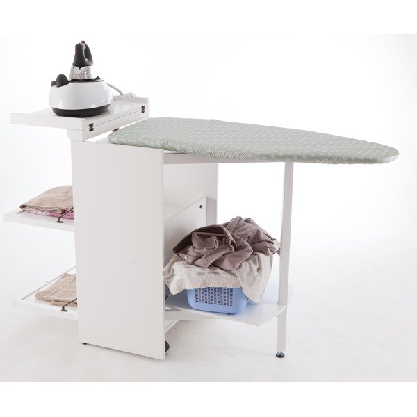 Masă de călcat pliabilă, cu sertare din lemn de fag Arredamenti Italia Stiromobile, albă-image-2