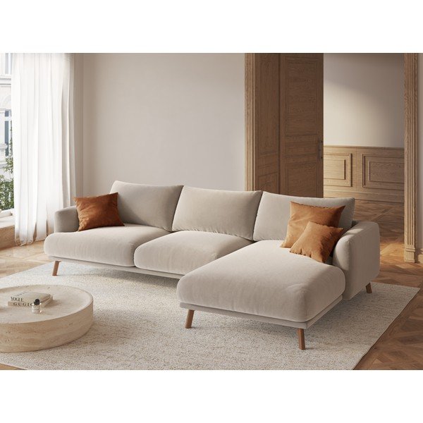 Colțar bej cu tapițerie din catifea (cu colț pe partea dreaptă/cu șezlong) Naomi – Micadoni -image-1