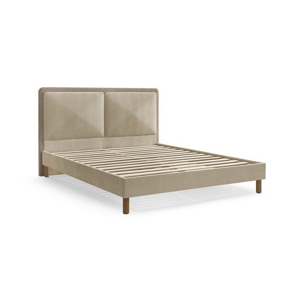 Pat matrimonial bej/taupe tapițat tapițat cu somieră 180x200 cm Mara – Bobochic Paris