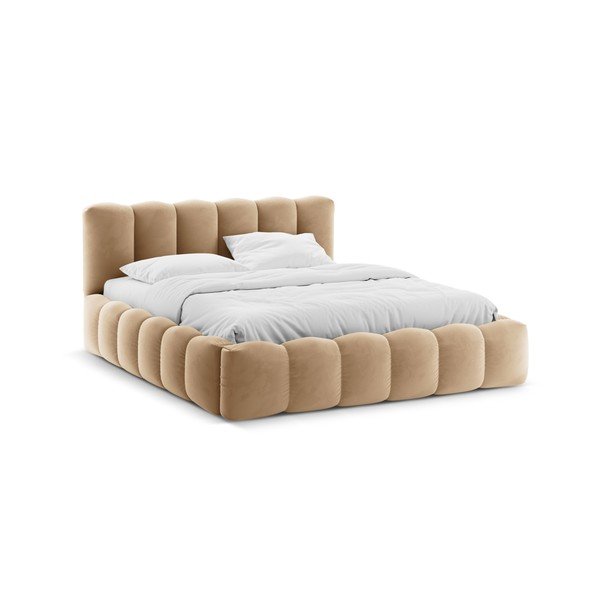 Pat matrimonial maro deschis tapițat cu spațiu de depozitare cu somieră 160x200 cm Lupine – Micadoni 