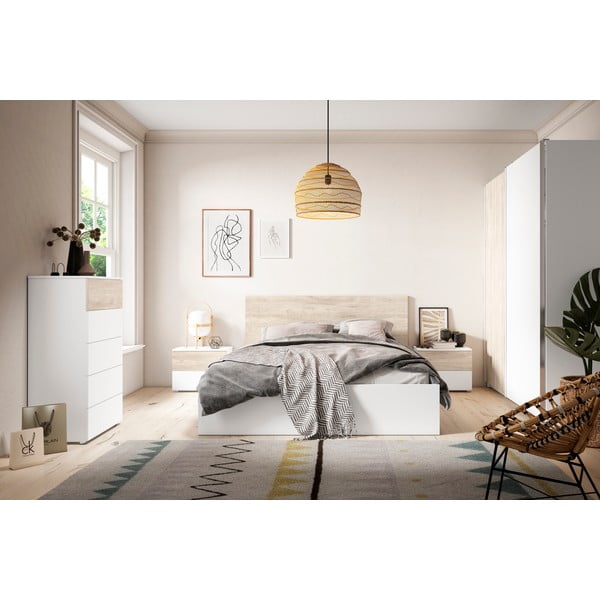 Pat matrimonial alb/cu aspect de lemn de stejar 160x200 cm Sahara – Marckeric-image-1