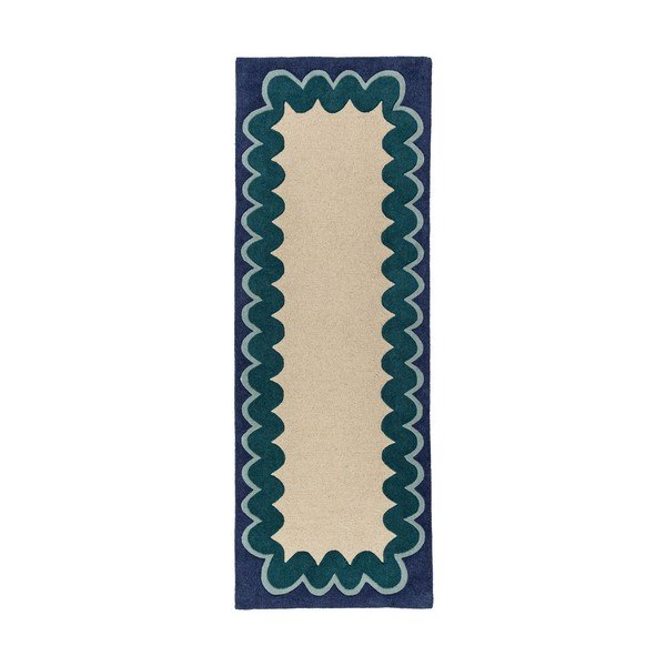 Covor tip traversă în culoare naturală/albastru-verde țesut manual din lână 80x230 cm Wiggle Wool – Flair Rugs