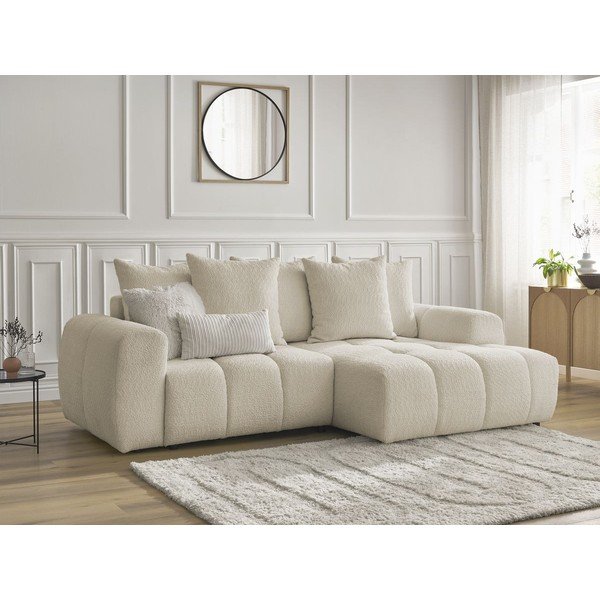 Colțar bej extensibil/cu spațiu de depozitare cu tapițerie din țesătură bouclé (cu colț pe partea dreaptă/cu șezlong) Roxelane – Bobochic Paris-image-4