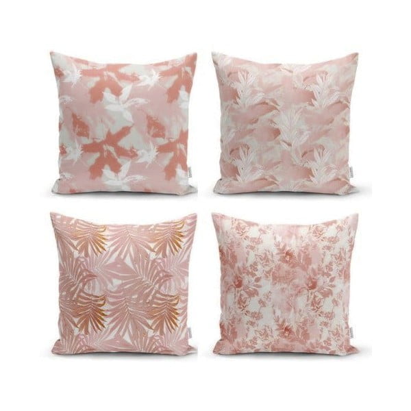 Set 4 fețe de pernă decorative Minimalist Cushion Covers Pink Leaves, 45 x 45 cm