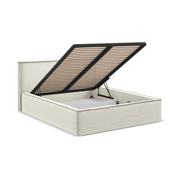 Pat matrimonial crem tapițat cu spațiu de depozitare cu somieră 180x200 cm Anani – Makamii-image-2