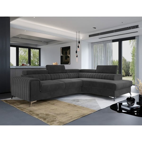 Colțar gri închis extensibil/cu spațiu de depozitare cu tapițerie din catifea (cu colț pe partea dreaptă/în formă de ”L”) Laurence – ELTAP-image-1