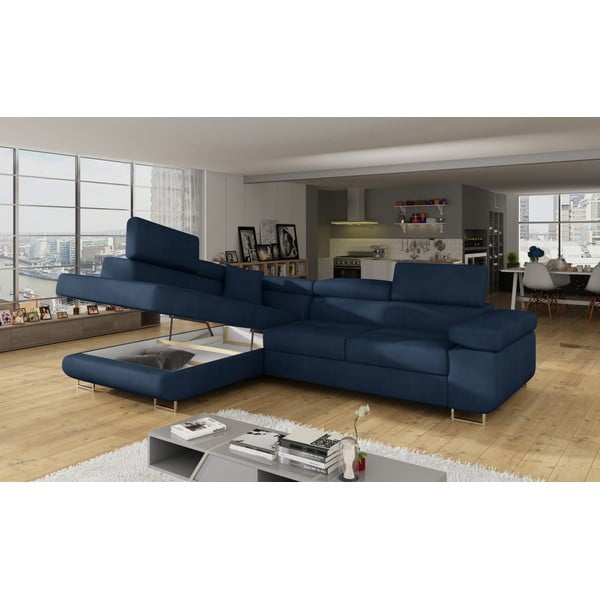 Colțar albastru extensibil/cu spațiu de depozitare cu tapițerie din catifea (cu colț pe partea stângă/în formă de ”L”) Anton – ELTAP-image-4