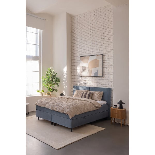 Pat boxspring albastru cu spațiu de depozitare 160x200 cm Elva Bold – Bonami Selection-image-1