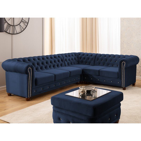 Colțar albastru extensibil cu tapițerie din catifea (cu colț pe partea dreaptă/în formă de ”L”) York Blik – Ropez-image-1