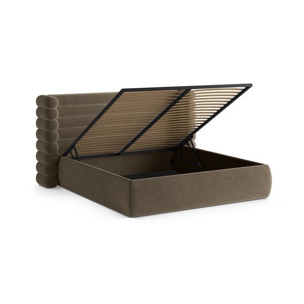 Pat matrimonial taupe tapițat cu spațiu de depozitare cu somieră 160x200 cm Mount – Micadoni -image-2