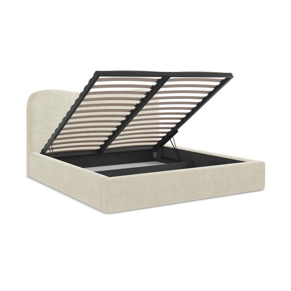 Pat matrimonial bej tapițat cu spațiu de depozitare cu somieră 140x200 cm Kahai – Makamii-image-3