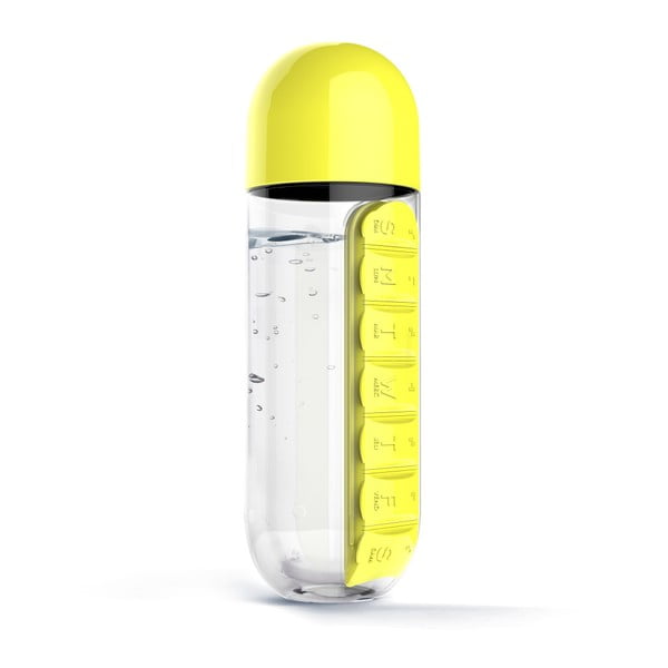Sticlă cu organizator medicamente integrat Asobu In Style Yellow, 600 ml