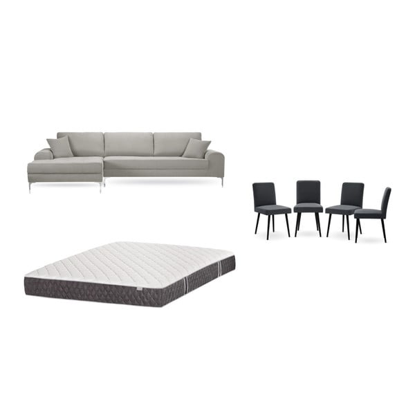 Set canapea gri deschis cu șezut pe partea stângă, 4 scaune gri antracit, o saltea 160 x 200 cm Home Essentials