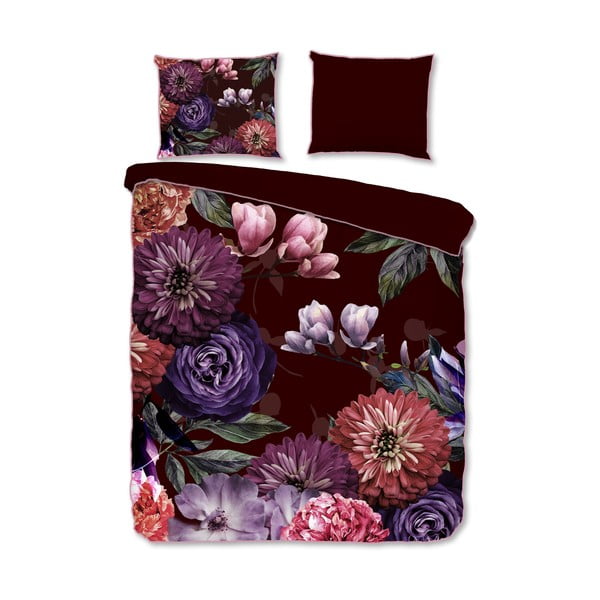 Lenjerie de pat din bumbac organic pentru pat de o persoană Descanso Gerbera, 140 x 220 cm, violet închis