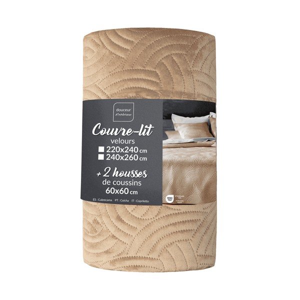 Set cuvertură și față de pernă maro deschis din catifea 240x260 cm Solange – douceur d'intérieur