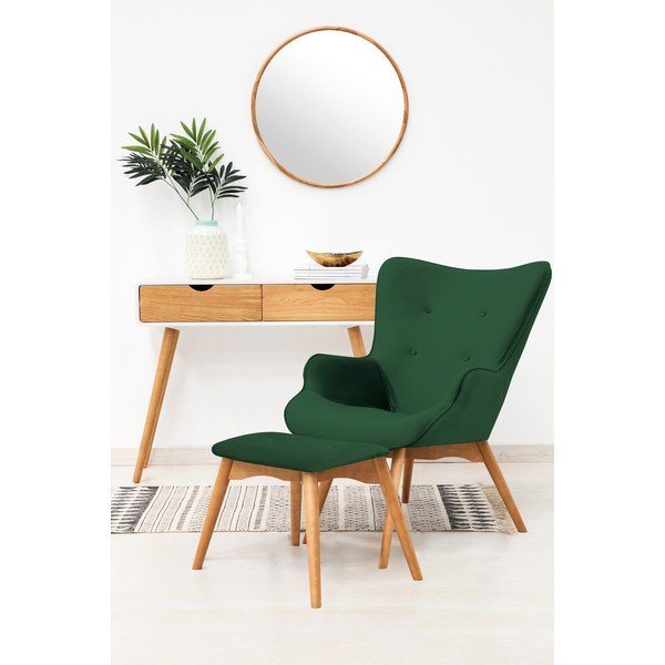 Fotoliu și taburet cu structură de culoare naturală Vivonita Cora Velvet, verde smarald-image-1