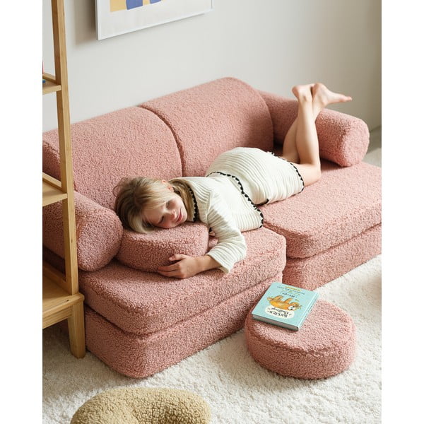 Canapea pentru copii roz cu tapițerie din țesătură bouclé 132 cm Settee – Wigiwama-image-2