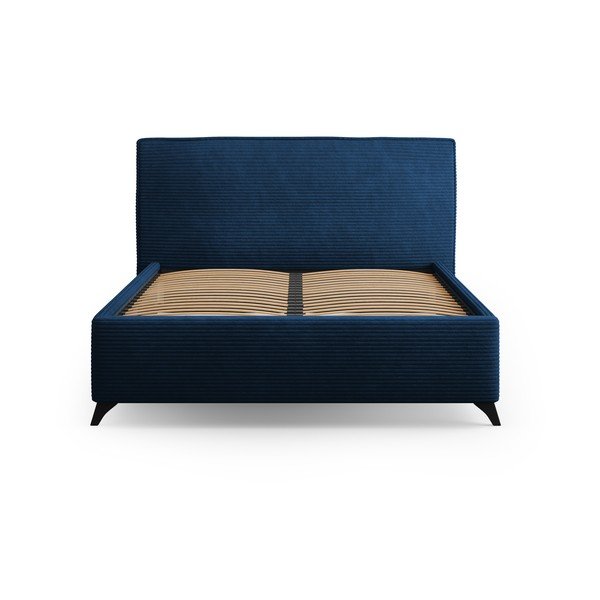 Pat matrimonial albastru închis tapițat cu spațiu de depozitare și somieră  160x200 cm Malou – Milo Casa-image-2