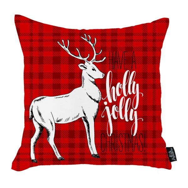Față de pernă cu model de Crăciun Mike & Co. NEW YORK Christmas Deer Holly Jolly, 45 x 45 cm, roșu