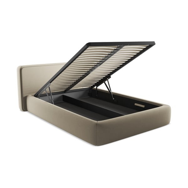 Pat matrimonial bej tapițat cu spațiu de depozitare cu somieră 140x200 cm Kiana – Makamii-image-3