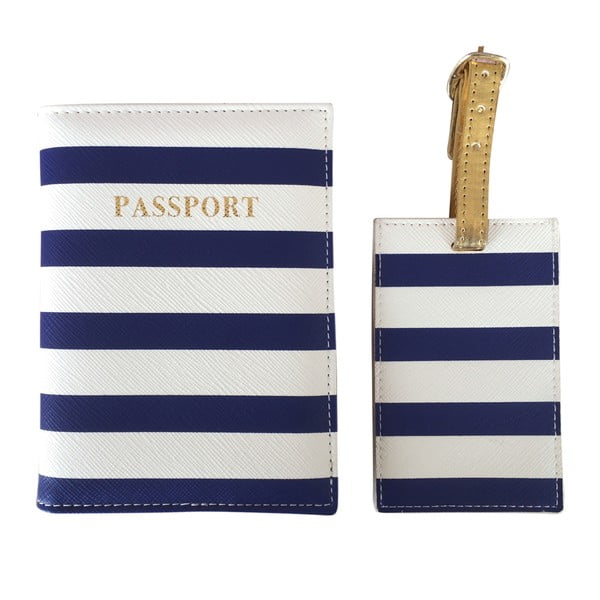 Set de husă pentru pașaport și etichetă pentru bagaj Bombay Duck All Abroad, albastru - alb