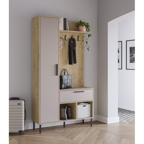 Set pentru hol crem/în culoare naturală cu aspect de lemn de stejar 108x195x35 cm Heidy – Marckeric-image-1