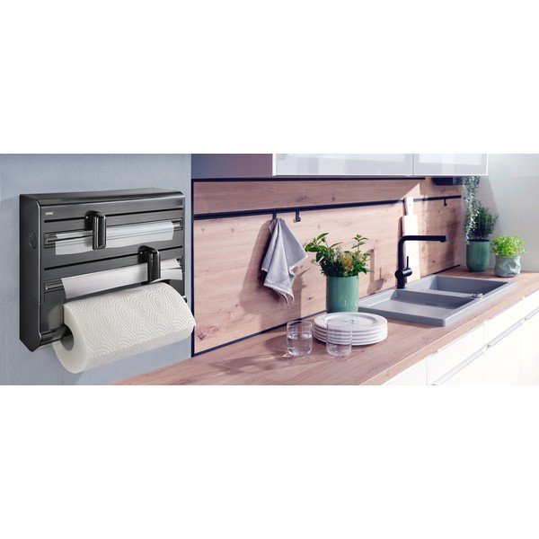 Dispenser pentru prosoape de bucătărie din hârtie și folie de aluminiu negru de montat pe perete din plastic Parat – LEIFHEIT-image-1
