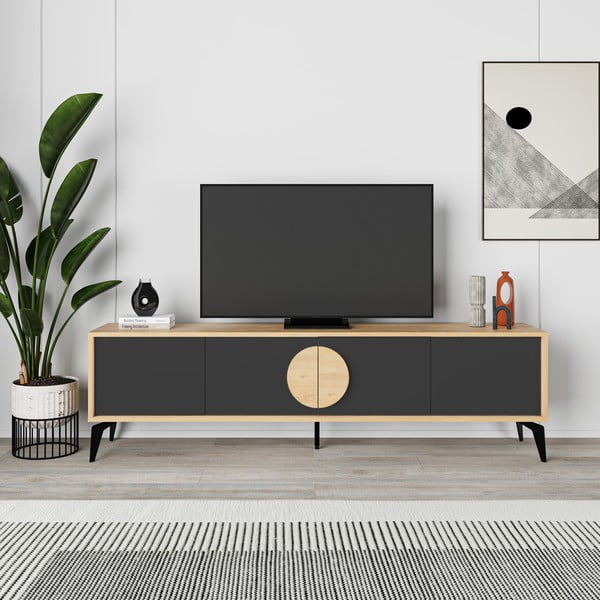 Masă TV neagră/în culoare naturală cu aspect de lemn de stejar 180x51 cm Vae – Marckeric-image-4