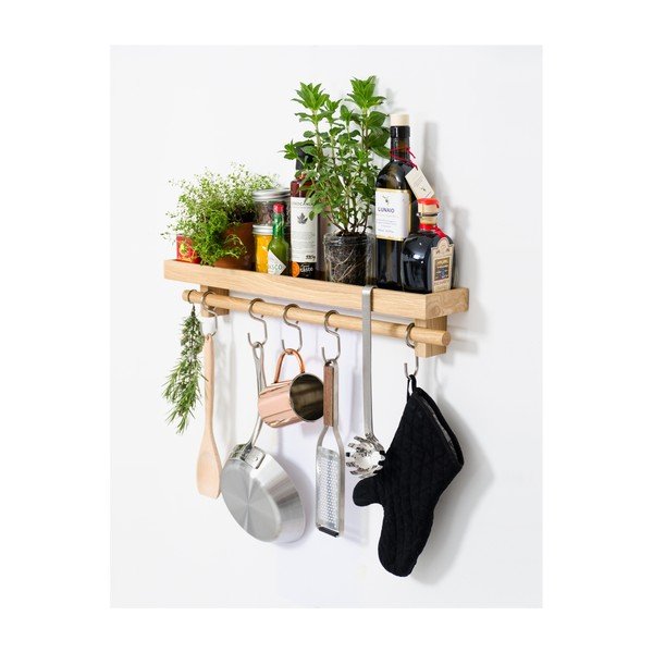 Poliță din lemn de stejar cu cârlige pentru ustensilele de bucătărie Wireworks-image-2