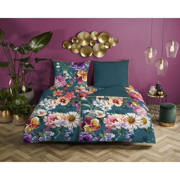 Lenjerie de pat din bumbac organic pentru pat de o persoană Descanso Sunflower, 140 x 200 cm, albastru petrol-image-1