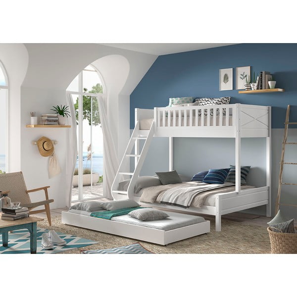 Pat pentru copii  alb supraetajat din lemn masiv de pin cu spațiu de depozitare 140x200/90x200 cm SCOTT – Vipack-image-1