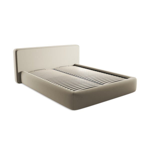 Pat matrimonial bej tapițat cu spațiu de depozitare cu somieră 160x200 cm Kiana – Makamii