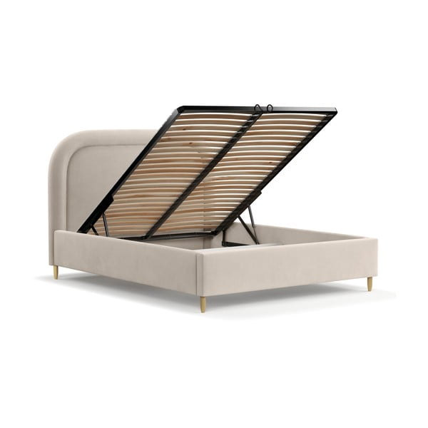 Pat matrimonial bej tapițat cu spațiu de depozitare cu somieră 140x200 cm Mija – Maison de Rêve-image-3