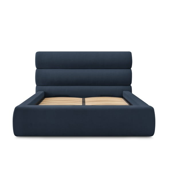 Pat matrimonial albastru închis tapițat cu spațiu de depozitare și somieră 160x200 cm Jagna – Bobochic Paris-image-3