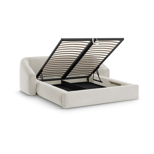 Pat matrimonial bej tapițat cu spațiu de depozitare cu somieră 200x200 cm Campi – Cosmopolitan Design-image-1