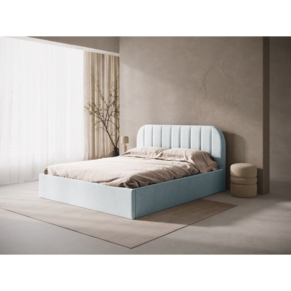 Pat matrimonial gri deschis tapițat cu spațiu de depozitare/fără tăblie cu somieră 180x200 cm Susan – Micadoni -image-1