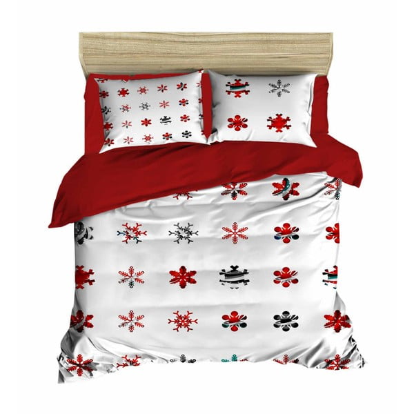 Lenjerie de pat cu cearșaf Christmas Snowlakes Red, 200 x 220 cm
