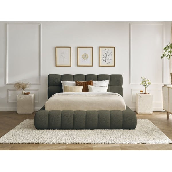 Pat matrimonial verde tapițat cu spațiu de depozitare cu somieră 160x200 cm Mont Blanc – Bobochic Paris-image-1